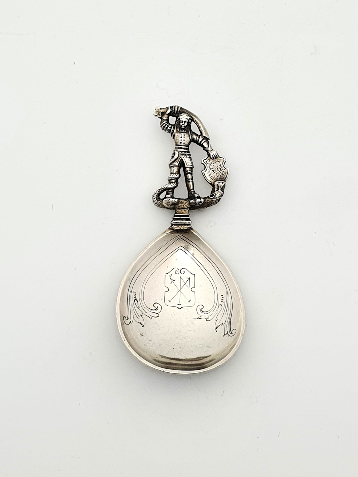 Unusual Antique Scandinavian 830 Silver Spoon with Knight & Serpent Motif – circa 1910