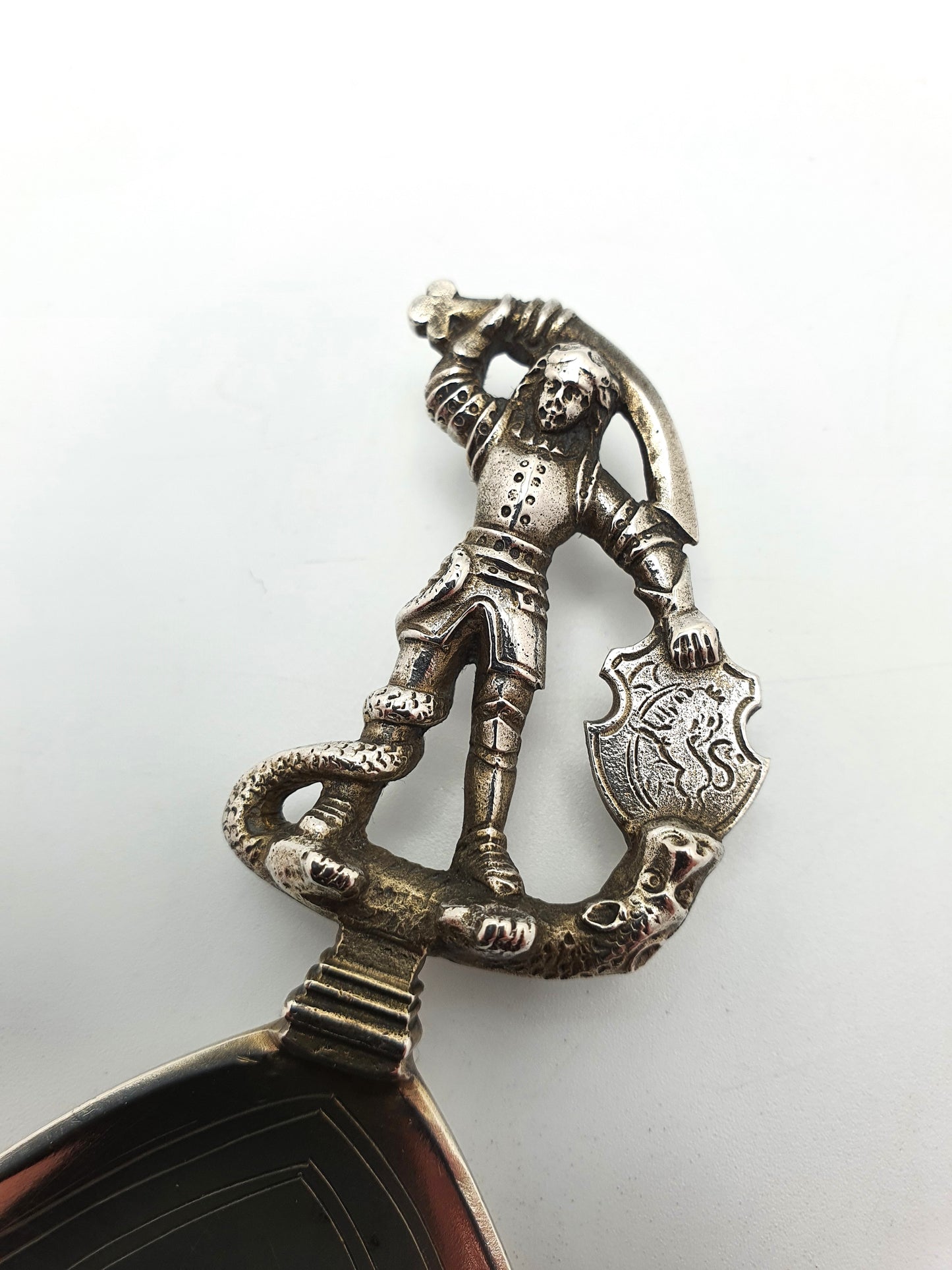 Unusual Antique Scandinavian 830 Silver Spoon with Knight & Serpent Motif – circa 1910
