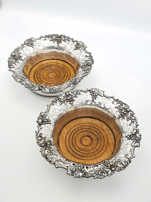 Nice Pair of Antique Victorian Pierced Silver-Plated Wine Bottle Coasters with Grape & Vine Motifs – circa 1890