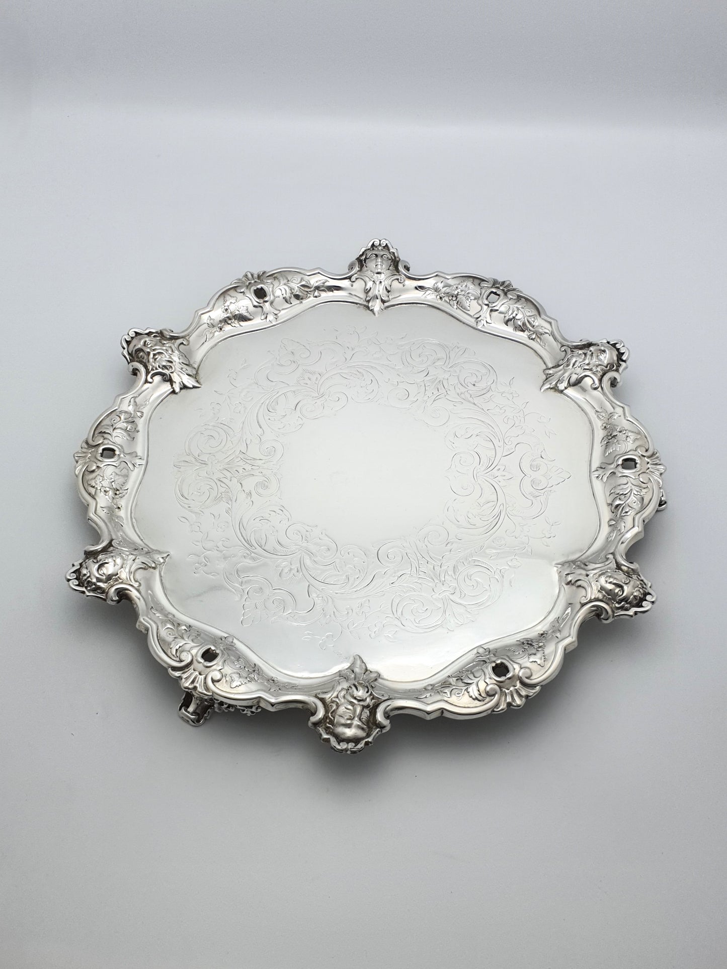 Unusual Antique Victorian Silver-Plated Salver with Figural Masks & Ornate Engraving – circa 1880