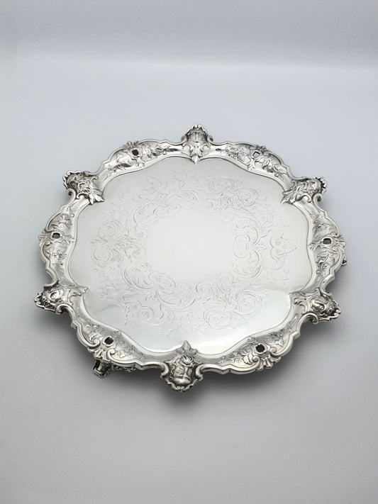 Unusual Antique Victorian Silver-Plated Salver with Figural Masks & Ornate Engraving – circa 1880