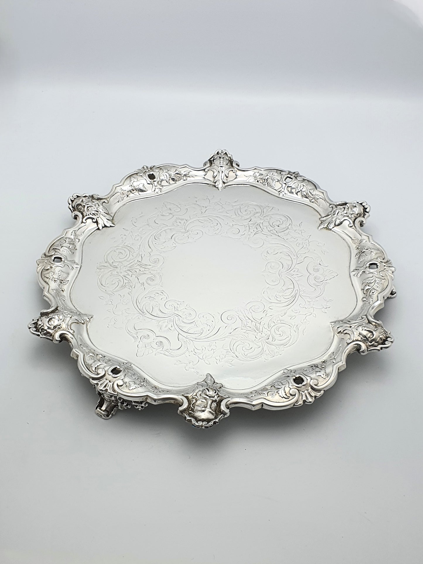 Unusual Antique Victorian Silver-Plated Salver with Figural Masks & Ornate Engraving – circa 1880