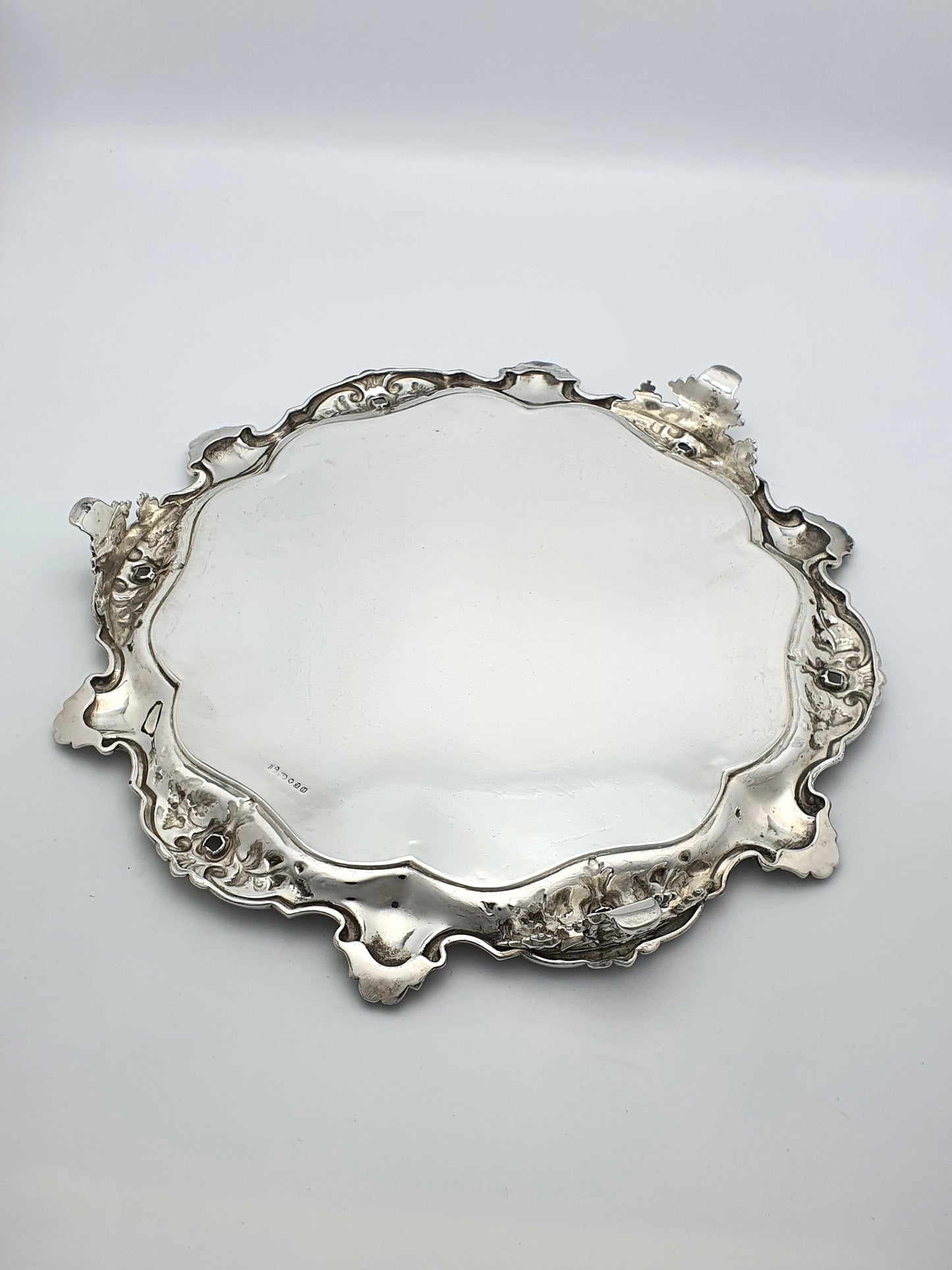 Unusual Antique Victorian Silver-Plated Salver with Figural Masks & Ornate Engraving – circa 1880