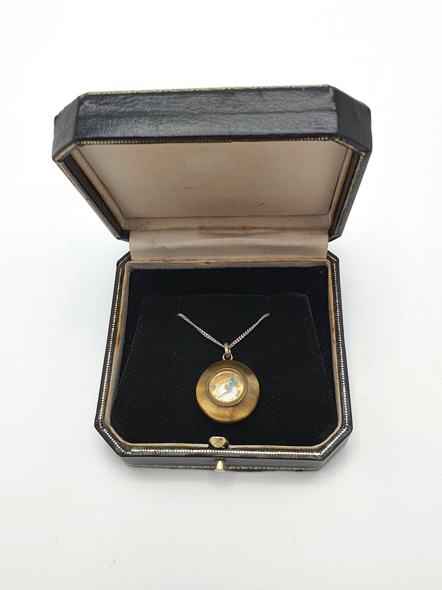Lovely Antique Edwardian Tigers Eye Pendant Necklace Featuring Miniature Compass – circa 1905