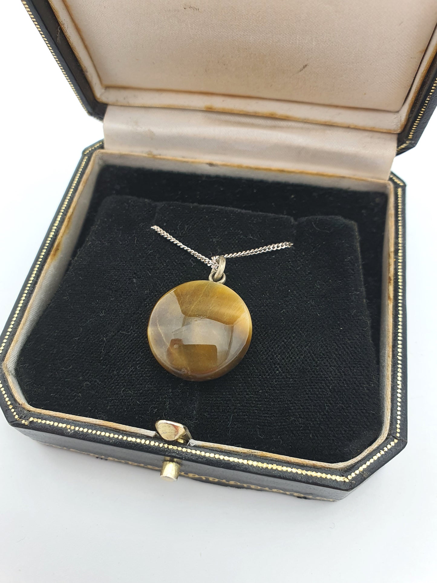 Lovely Antique Edwardian Tigers Eye Pendant Necklace Featuring Miniature Compass – circa 1905