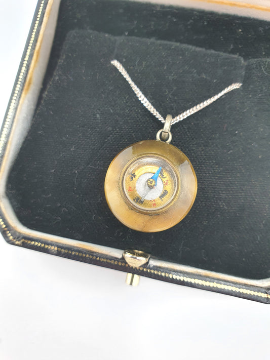 Lovely Antique Edwardian Tigers Eye Pendant Necklace Featuring Miniature Compass – circa 1905