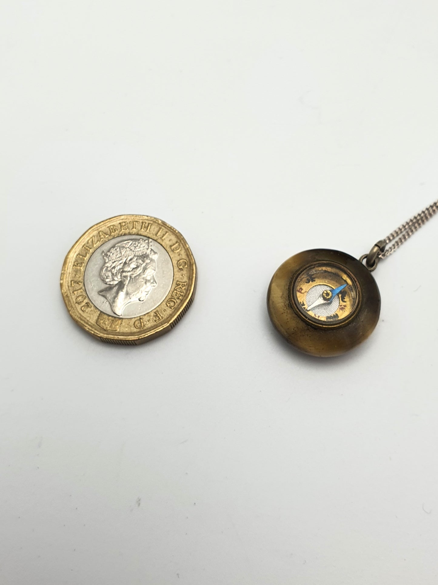 Lovely Antique Edwardian Tigers Eye Pendant Necklace Featuring Miniature Compass – circa 1905