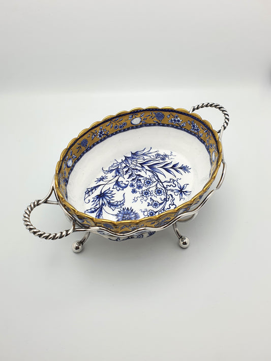 Lovely Antique English Blue and White China Bowl with Ornate Silver-Plated Stand – circa 1905