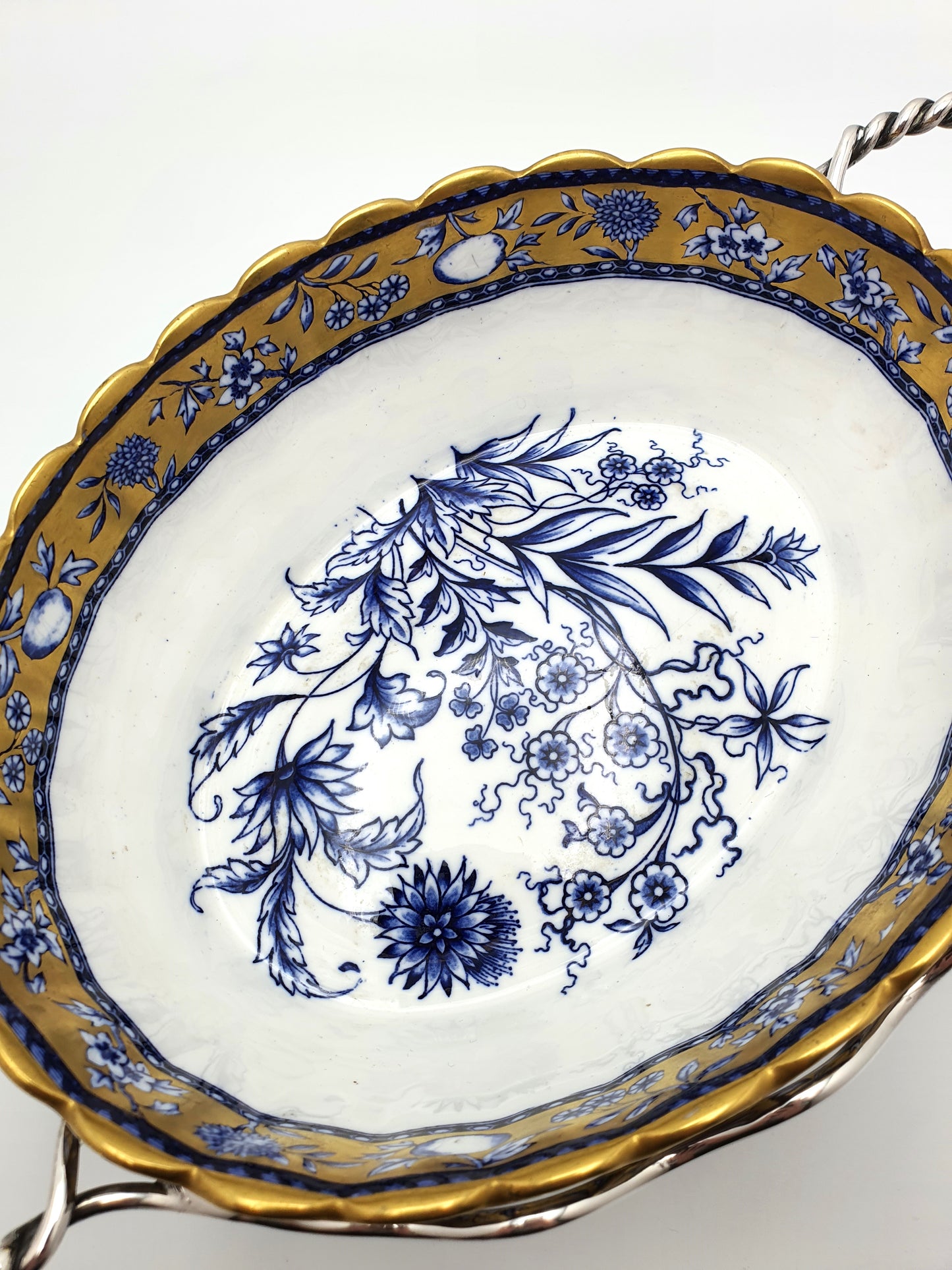 Lovely Antique English Blue and White China Bowl with Ornate Silver-Plated Stand – circa 1905