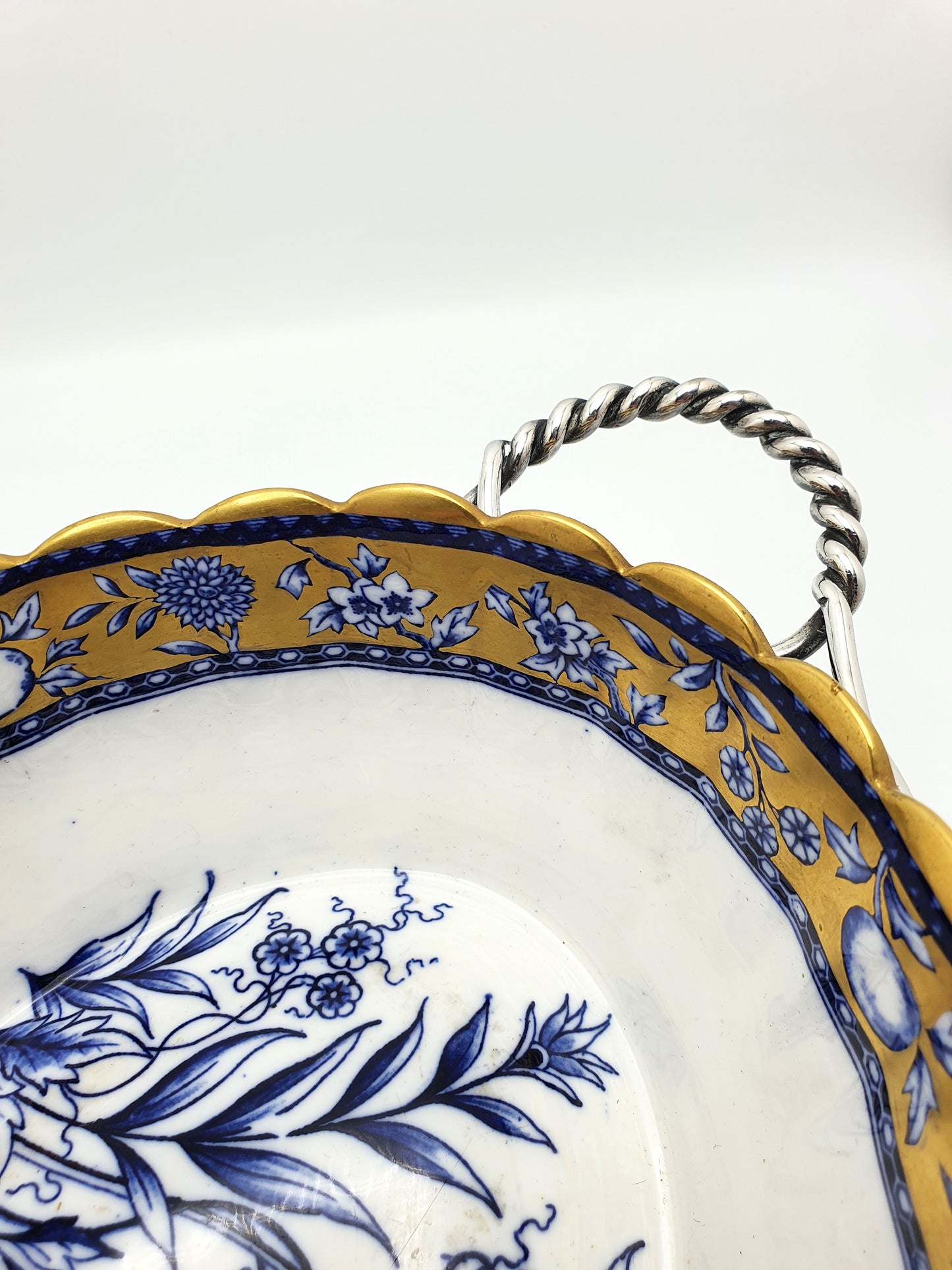 Lovely Antique English Blue and White China Bowl with Ornate Silver-Plated Stand – circa 1905