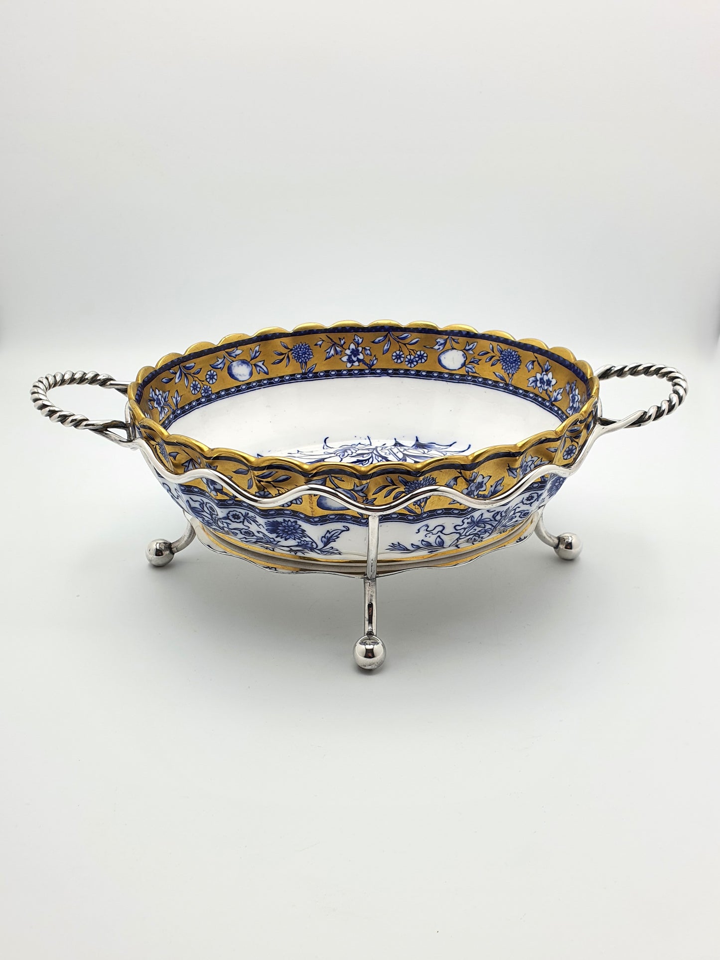 Lovely Antique English Blue and White China Bowl with Ornate Silver-Plated Stand – circa 1905