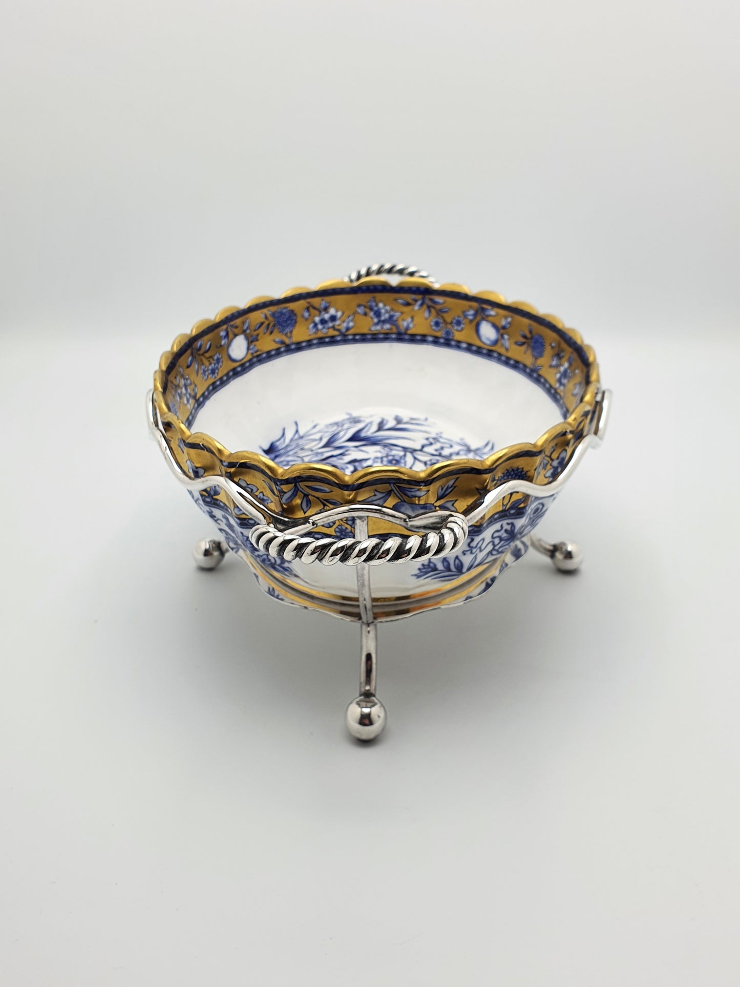 Lovely Antique English Blue and White China Bowl with Ornate Silver-Plated Stand – circa 1905
