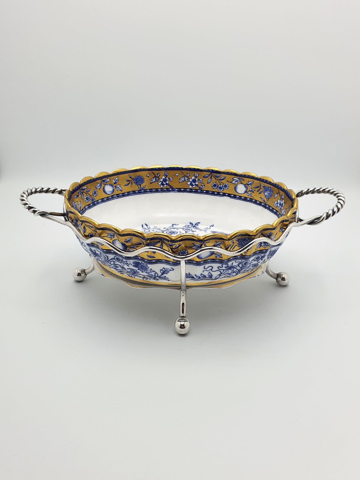 Lovely Antique English Blue and White China Bowl with Ornate Silver-Plated Stand – circa 1905