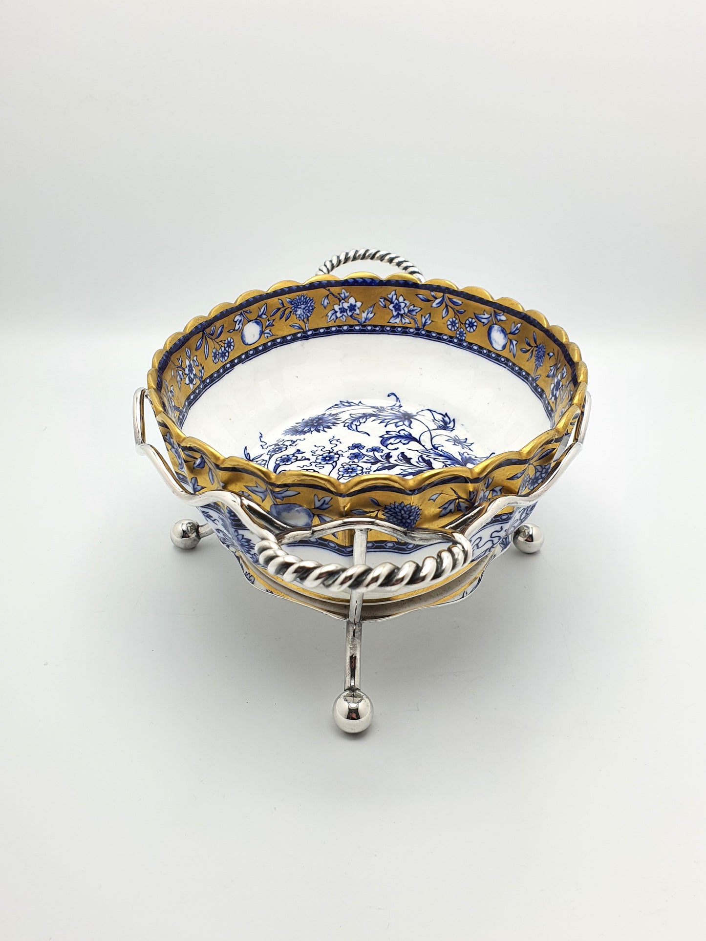 Lovely Antique English Blue and White China Bowl with Ornate Silver-Plated Stand – circa 1905