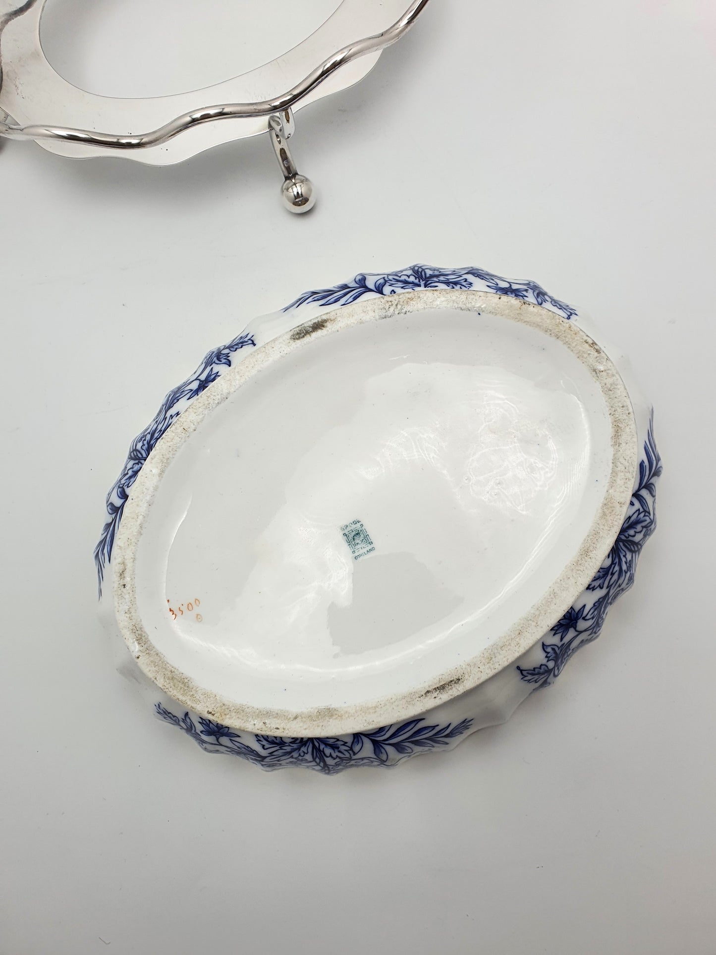 Lovely Antique English Blue and White China Bowl with Ornate Silver-Plated Stand – circa 1905