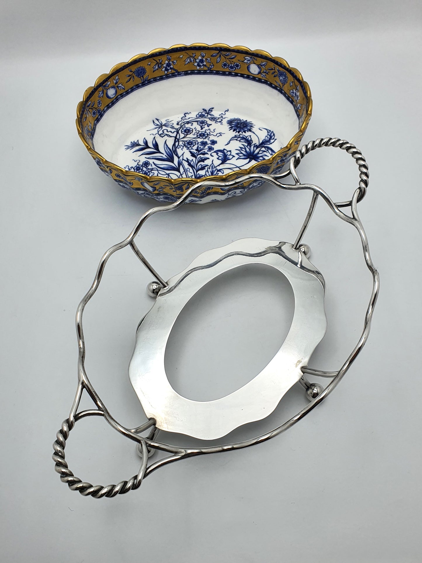 Lovely Antique English Blue and White China Bowl with Ornate Silver-Plated Stand – circa 1905