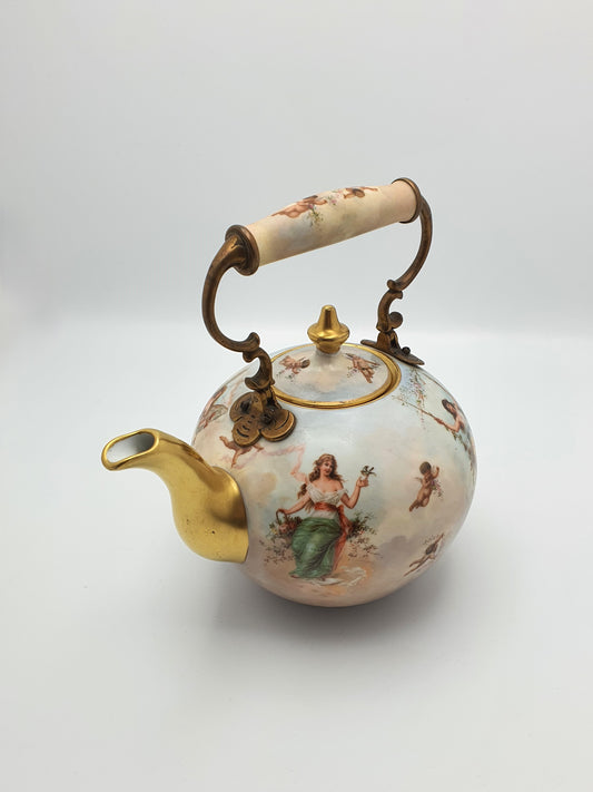 Wonderful Antique Continental Porcelain Kettle with Cherubs and Gilded Accents – circa 1900