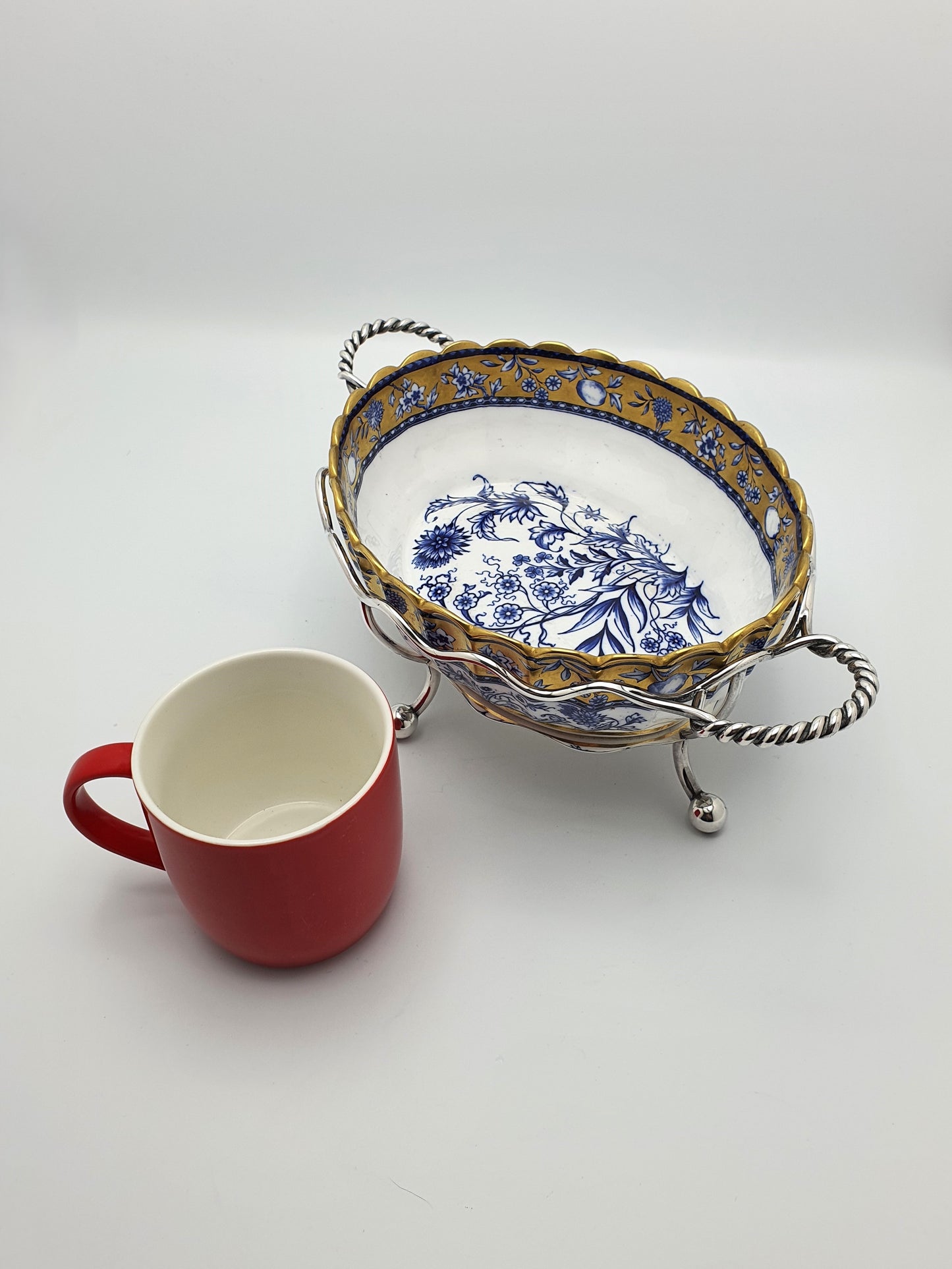 Lovely Antique English Blue and White China Bowl with Ornate Silver-Plated Stand – circa 1905