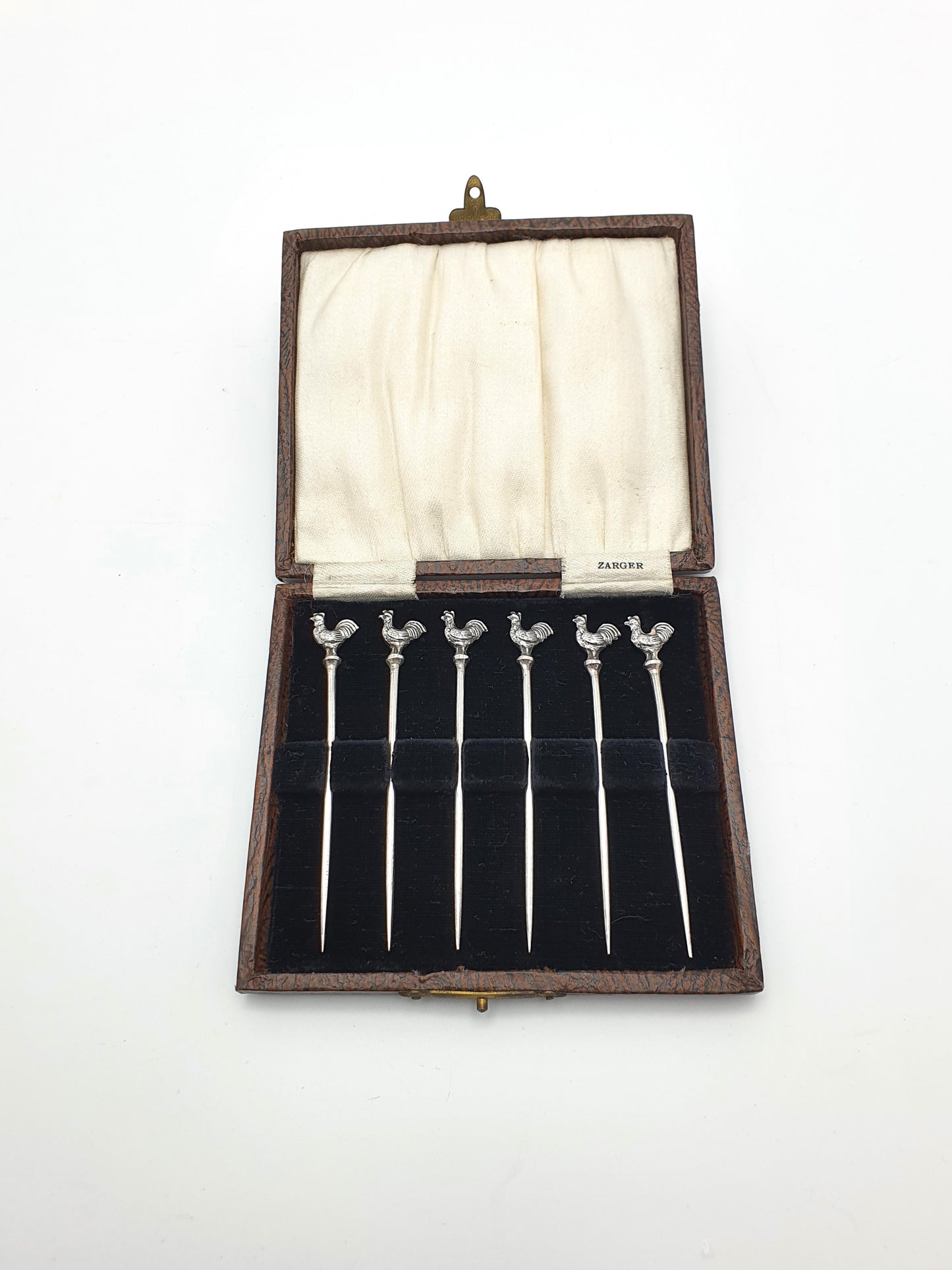 Set of 6 Vintage Silver Cocktail Sticks with Rooster Finials in Presentation Case – circa 1950