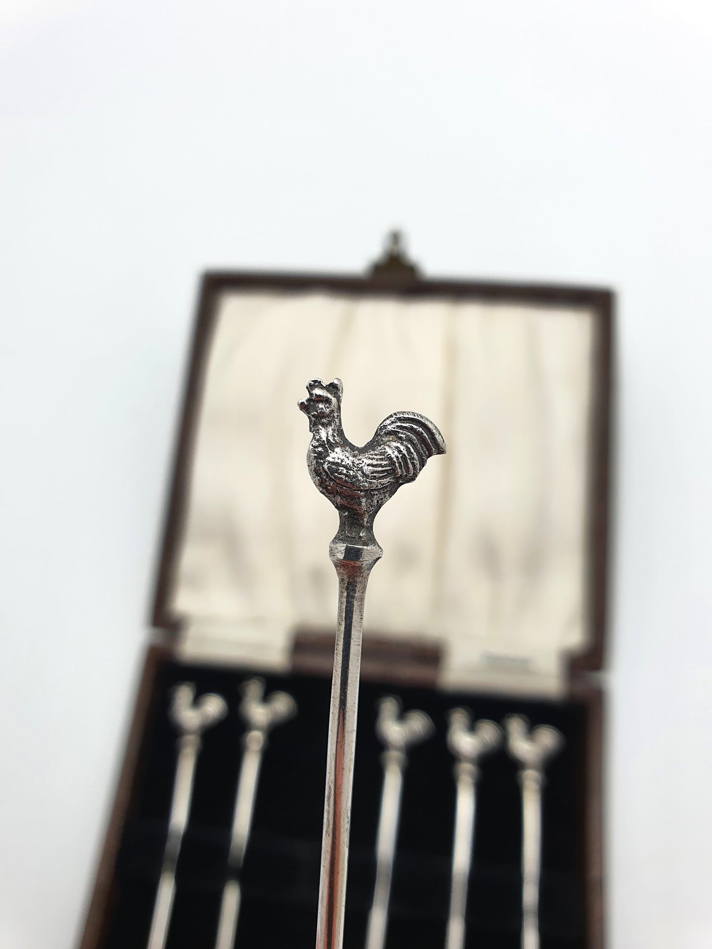 Set of 6 Vintage Silver Cocktail Sticks with Rooster Finials in Presentation Case – circa 1950