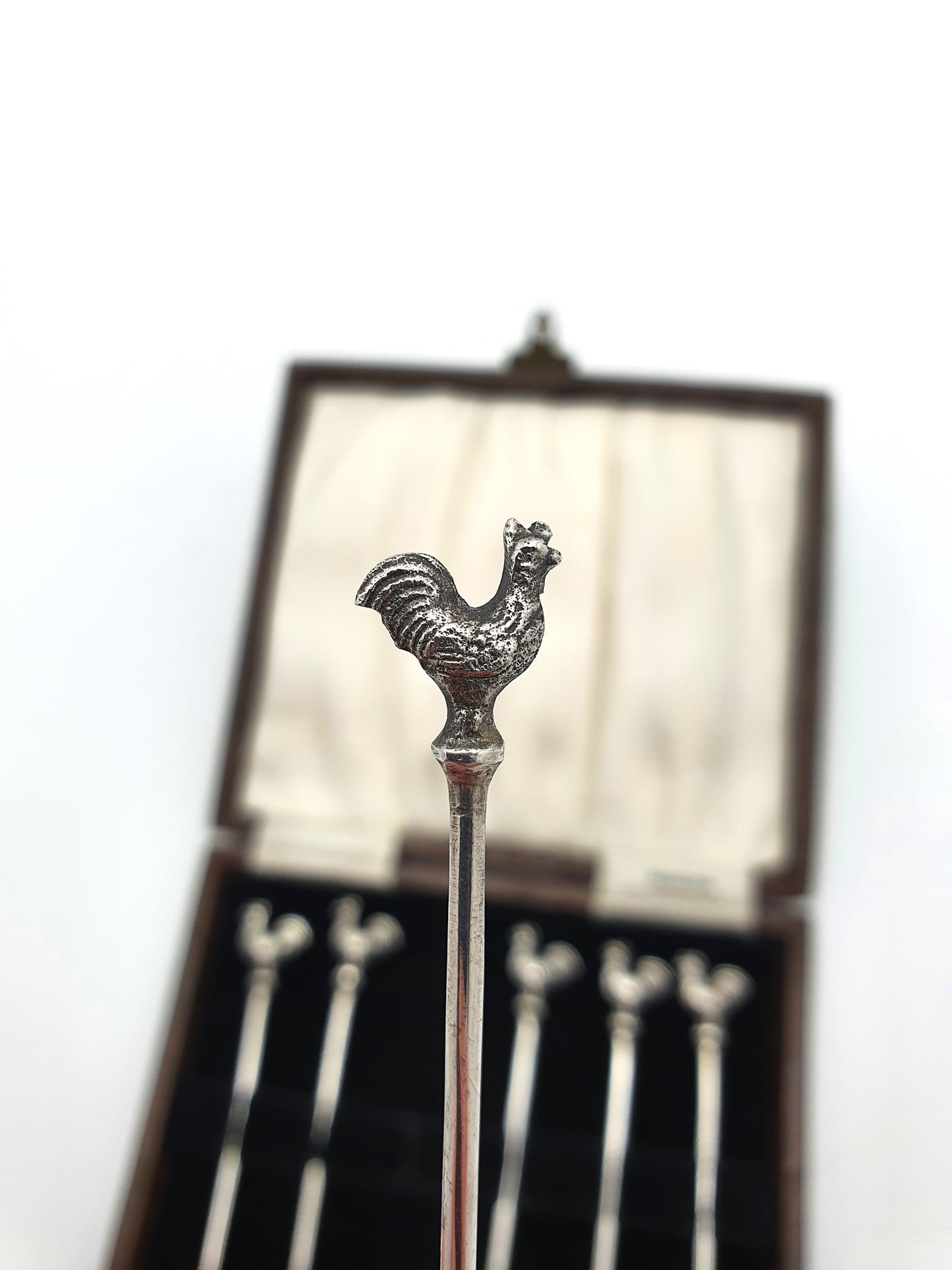 Set of 6 Vintage Silver Cocktail Sticks with Rooster Finials in Presentation Case – circa 1950