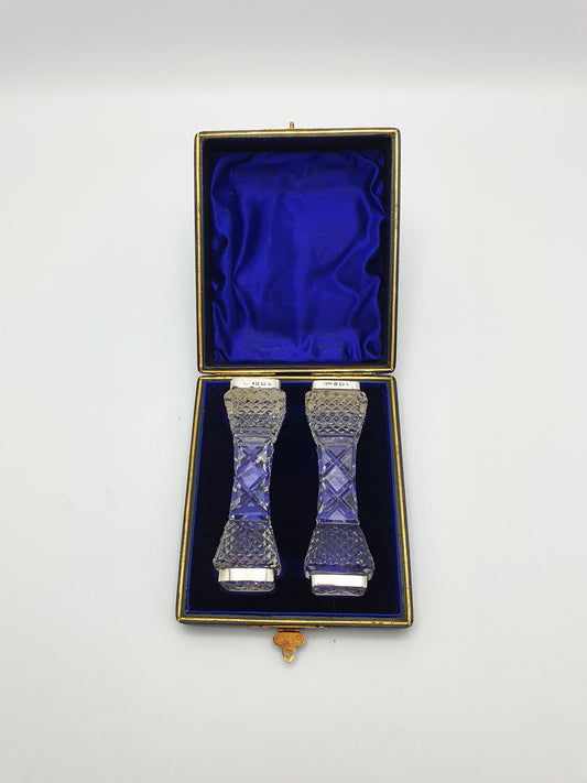 Lovely Pair of Antique Cut Glass & Silver Knife Rests in Original Case - 1900