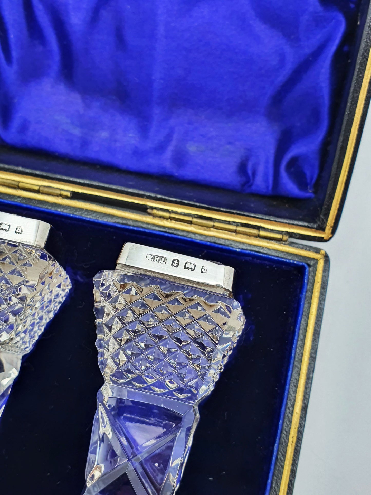 Lovely Pair of Antique Cut Glass & Silver Knife Rests in Original Case - 1900