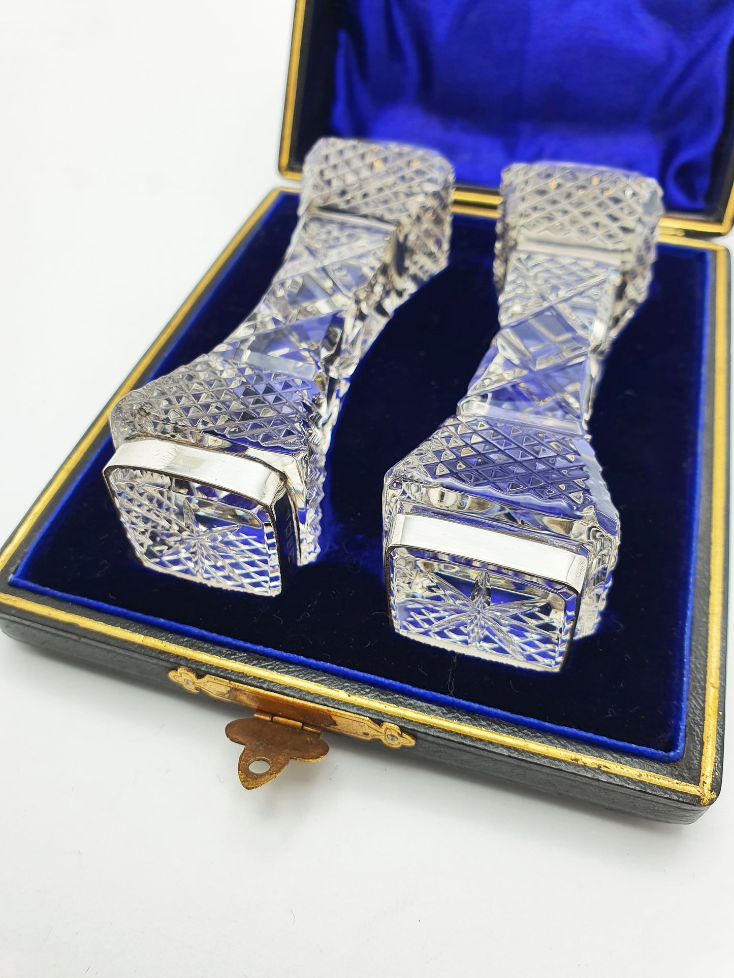 Lovely Pair of Antique Cut Glass & Silver Knife Rests in Original Case - 1900
