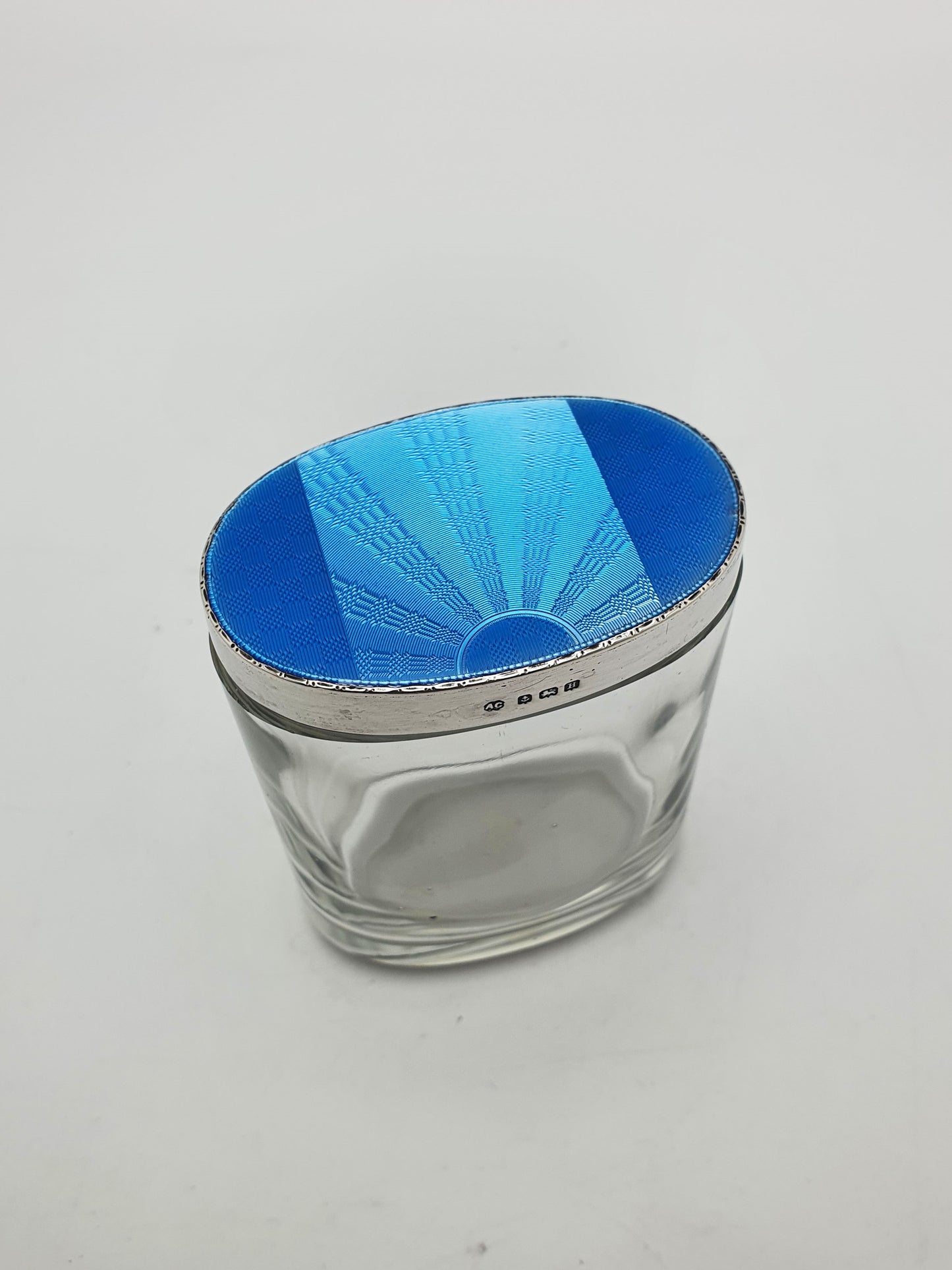 Wonderful Art Deco Silver and Guilloche Enamel Glass Vanity Jar - 1932