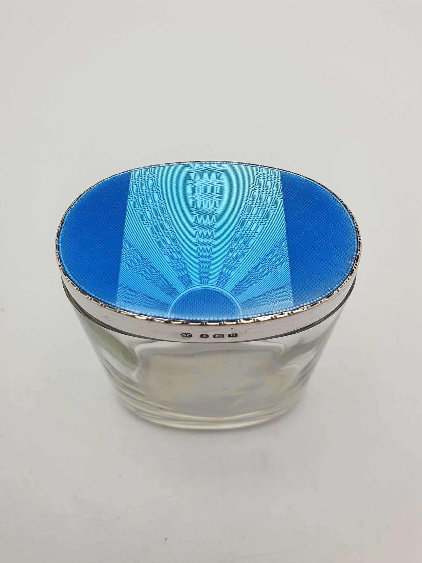 Wonderful Art Deco Silver and Guilloche Enamel Glass Vanity Jar - 1932