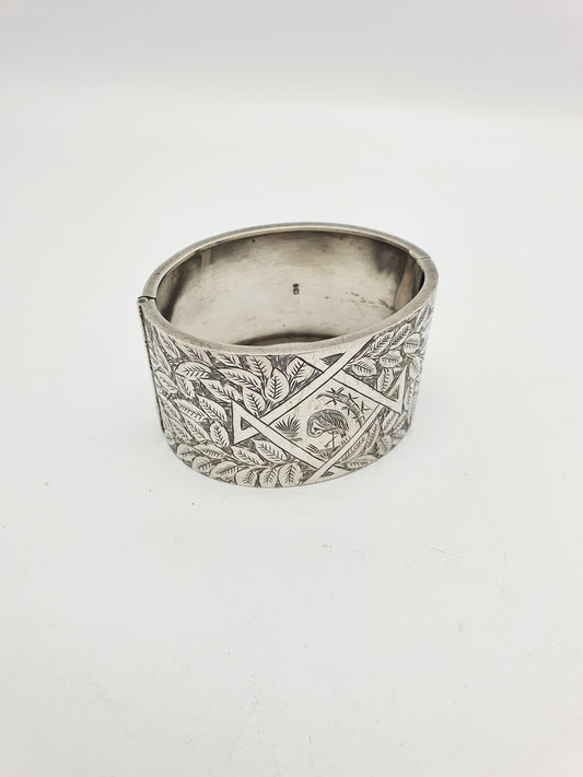 Nice Victorian Engraved Sterling Silver Bangle Bracelet - 1882