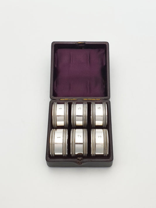 Charming Set of Six Antique Numbered Silver-Plated Napkin Rings – circa 1905