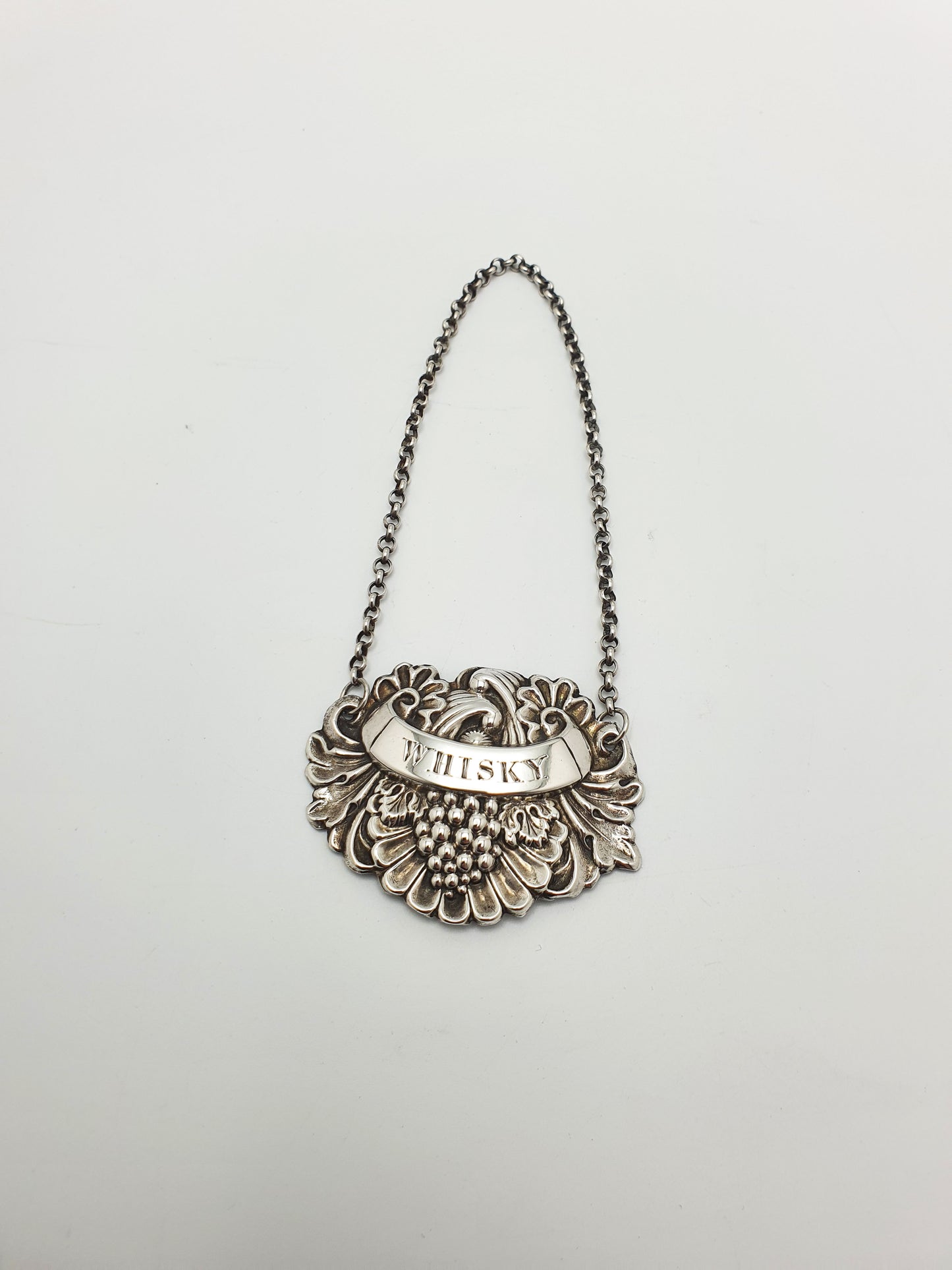 Handsome Antique Silver “Whisky” Decanter Label with Grape & Scroll Motif - 1824