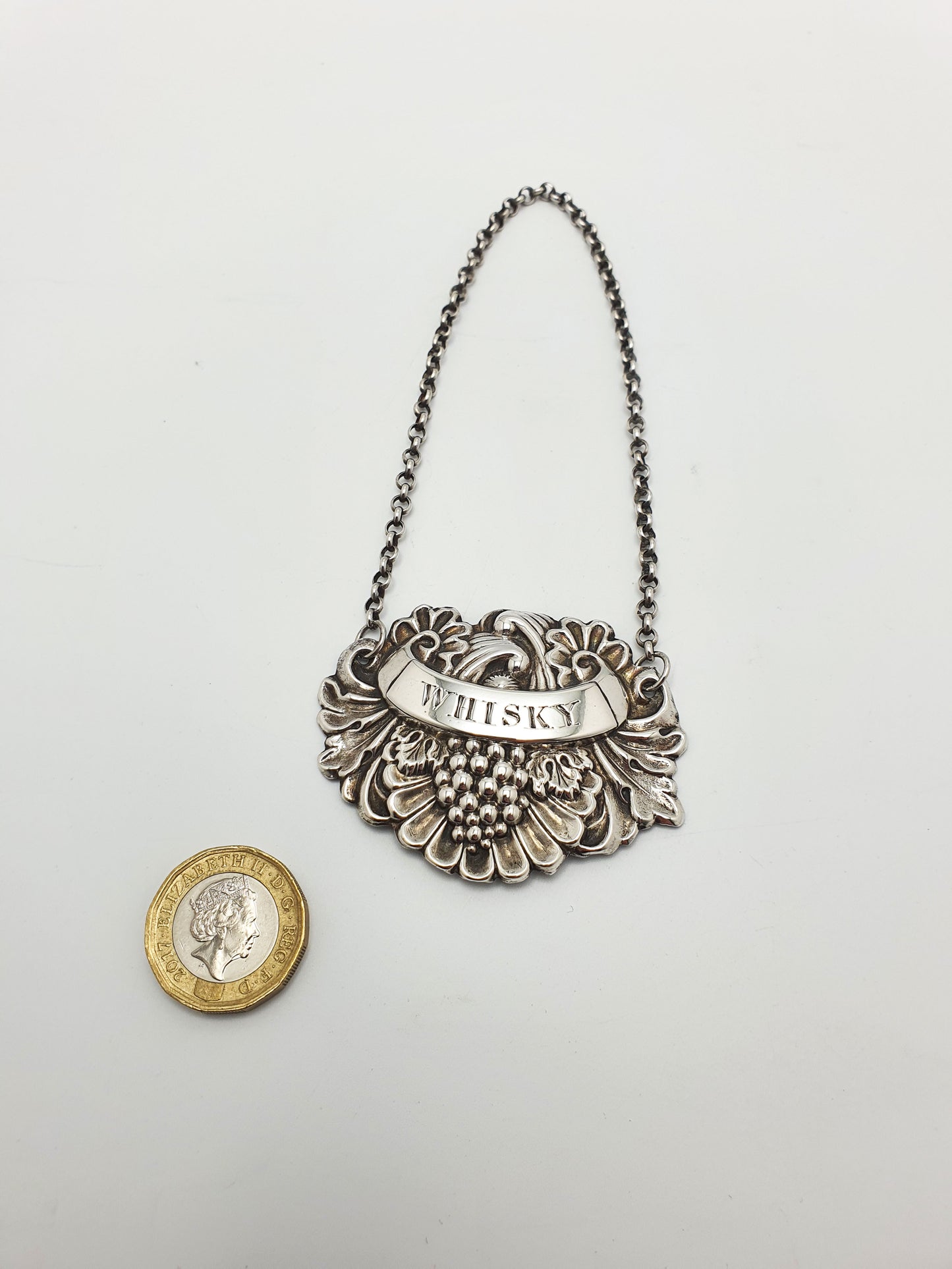 Handsome Antique Silver “Whisky” Decanter Label with Grape & Scroll Motif - 1824