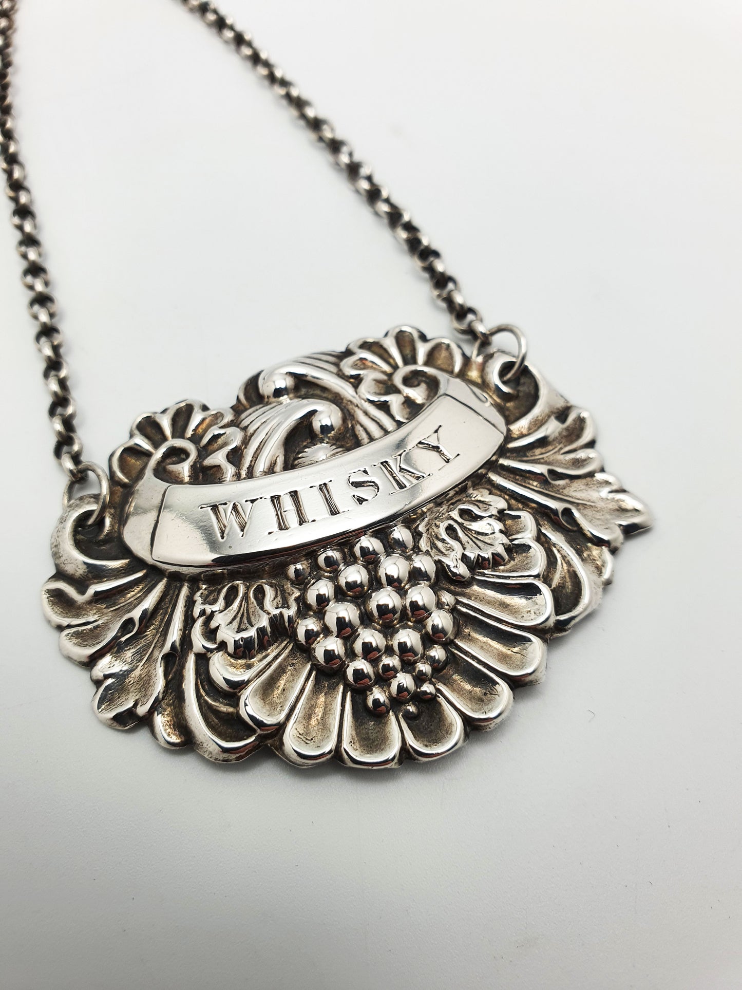 Handsome Antique Silver “Whisky” Decanter Label with Grape & Scroll Motif - 1824