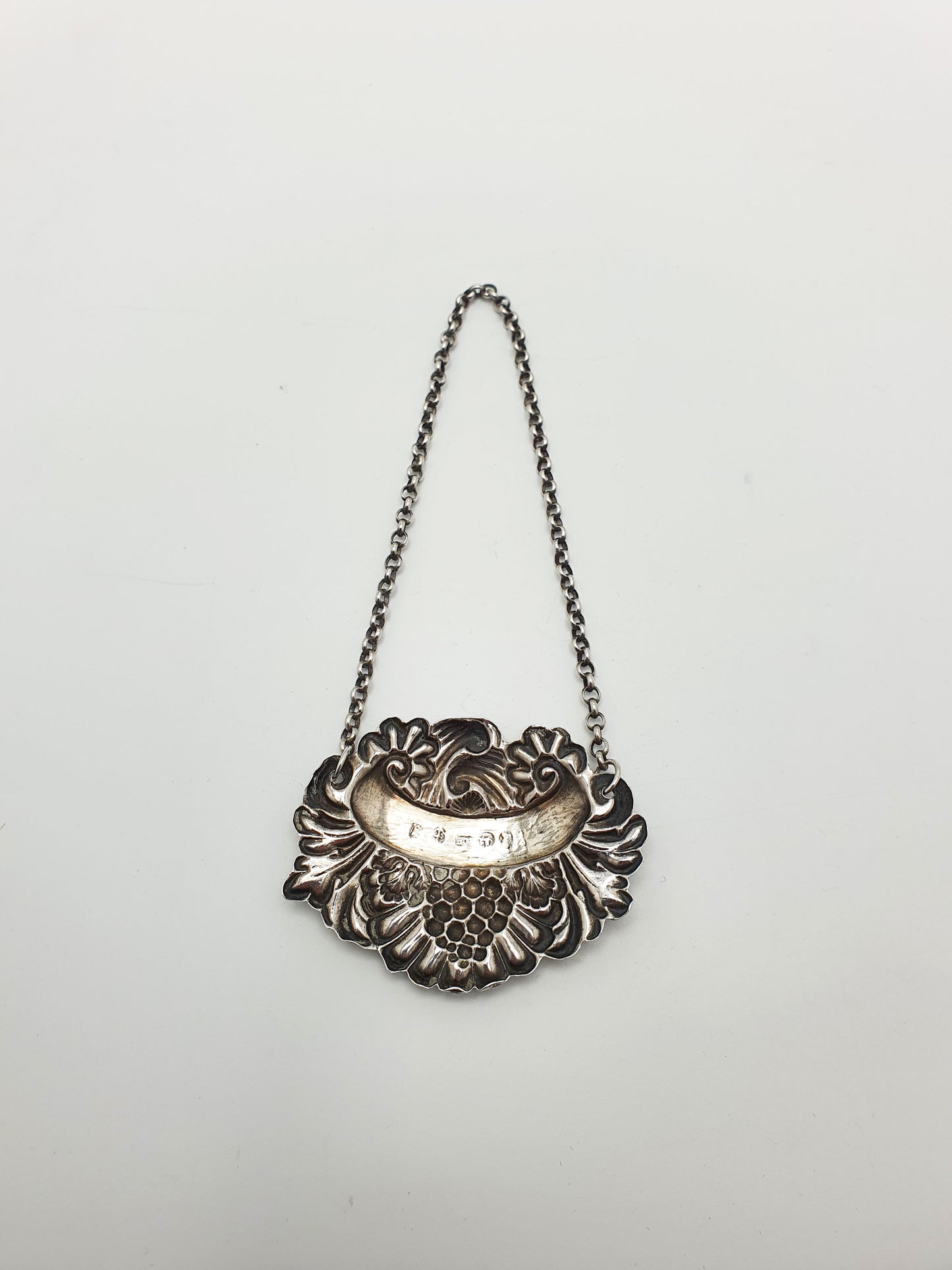 Handsome Antique Silver “Whisky” Decanter Label with Grape & Scroll Motif - 1824