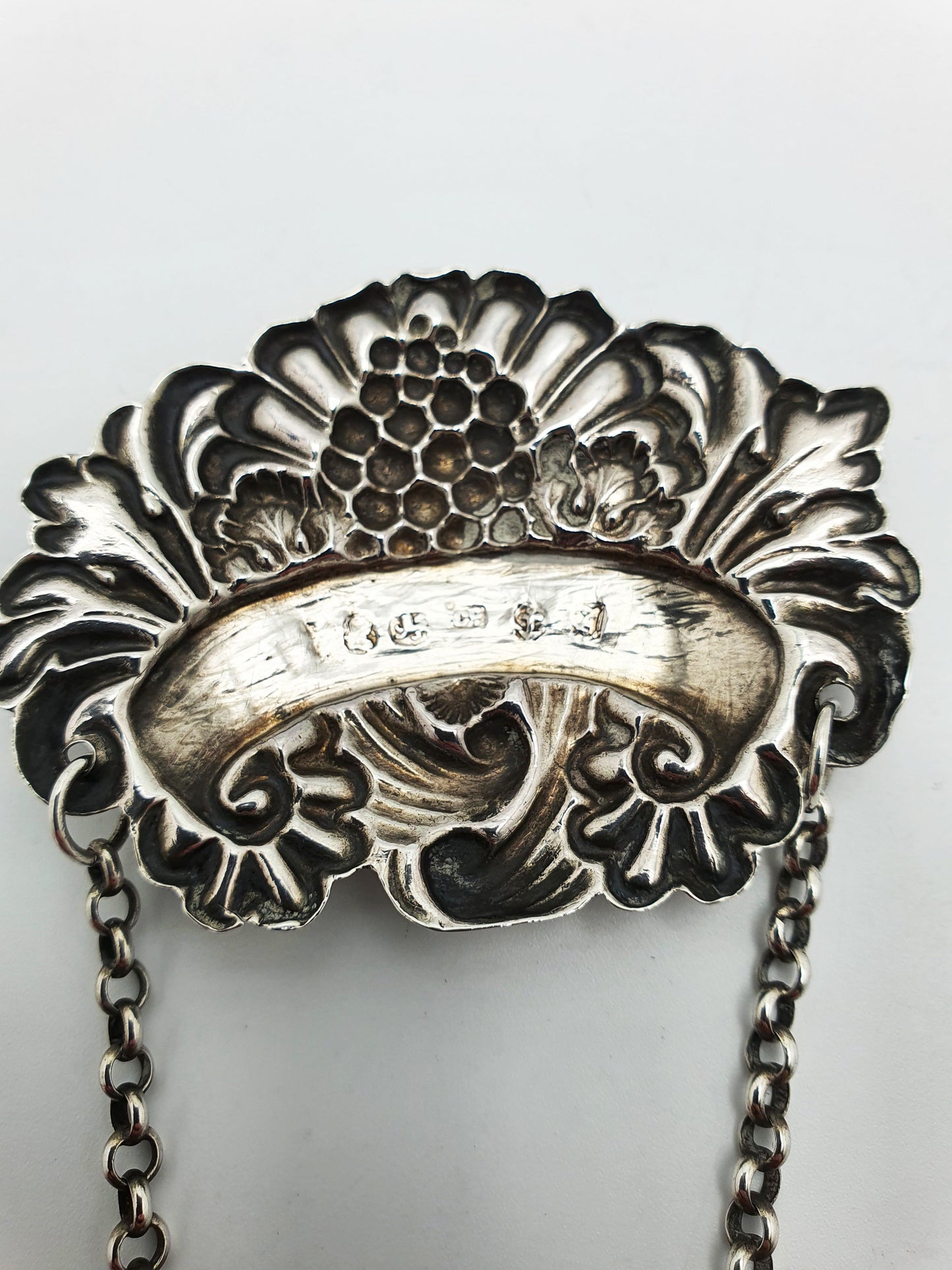 Handsome Antique Silver “Whisky” Decanter Label with Grape & Scroll Motif - 1824
