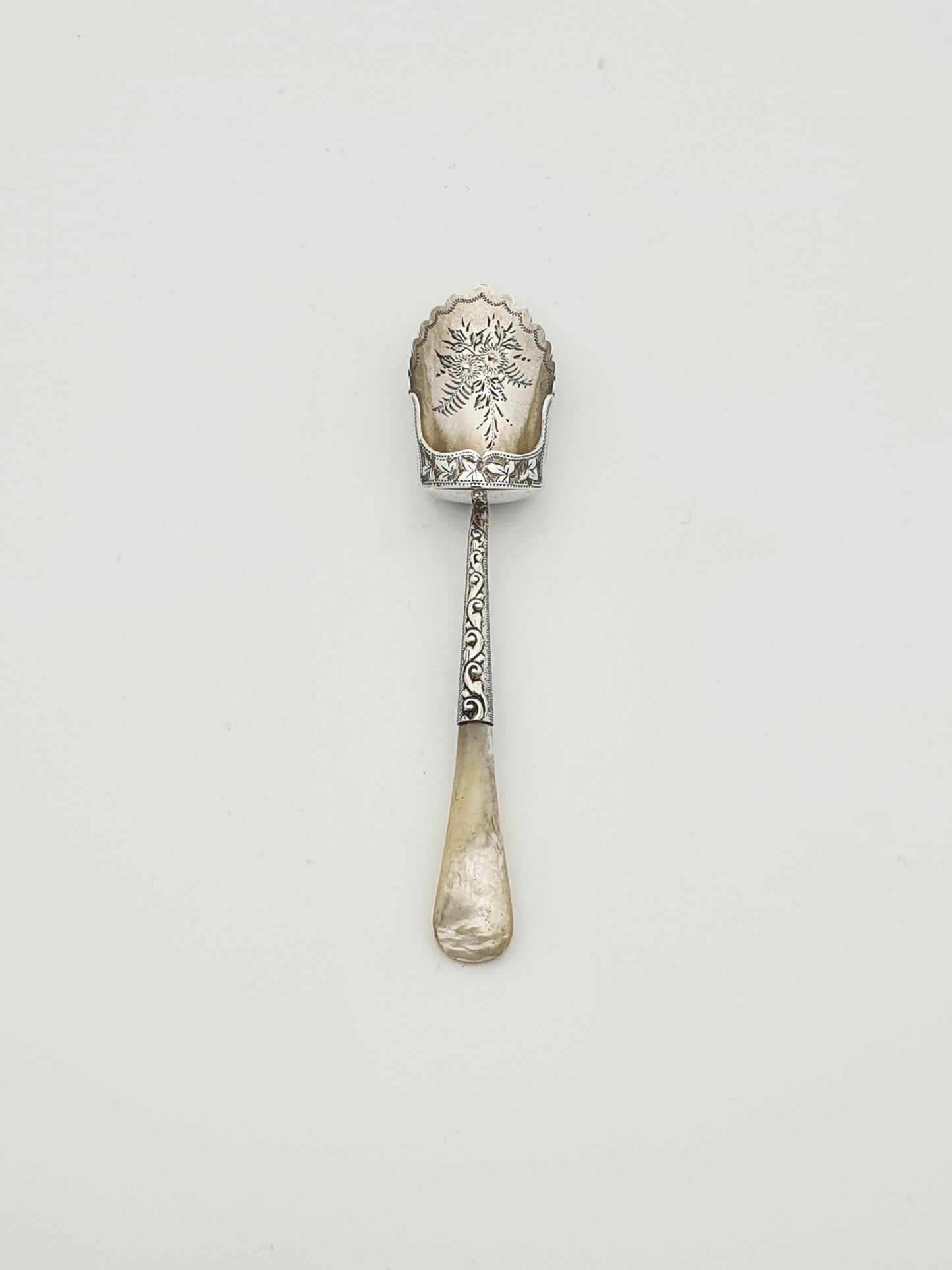 Wonderfully Decorated Antique Edwardian Silver & Mother-of-Pearl Sugar Shovel - 1905
