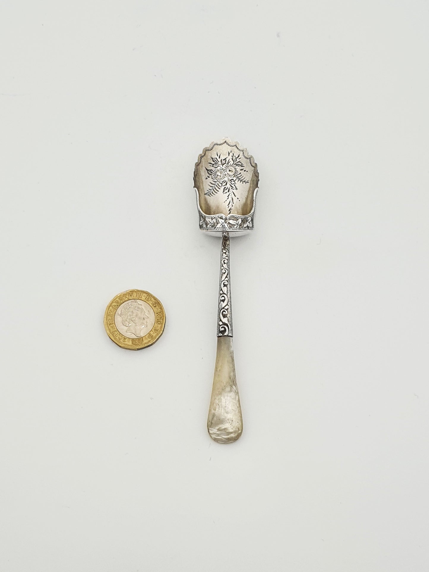 Wonderfully Decorated Antique Edwardian Silver & Mother-of-Pearl Sugar Shovel - 1905
