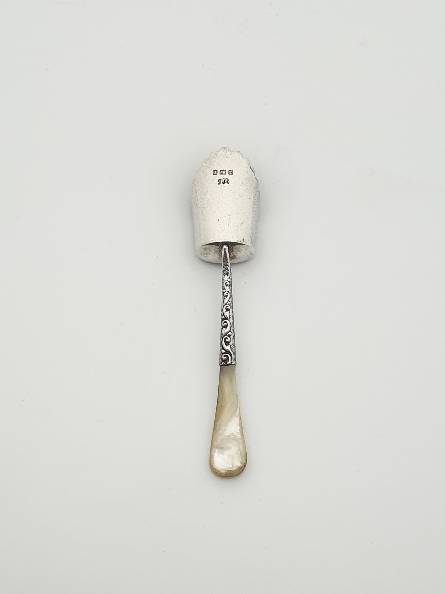 Wonderfully Decorated Antique Edwardian Silver & Mother-of-Pearl Sugar Shovel - 1905