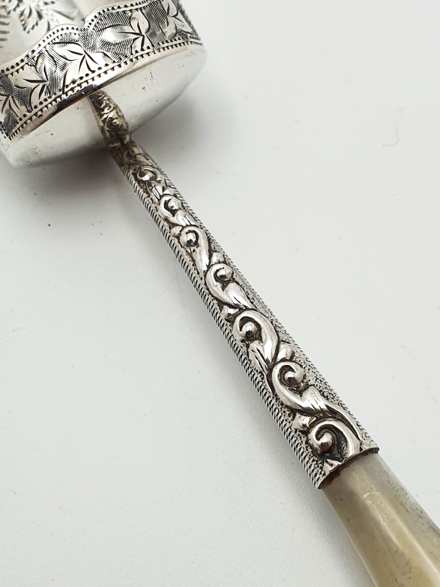 Wonderfully Decorated Antique Edwardian Silver & Mother-of-Pearl Sugar Shovel - 1905