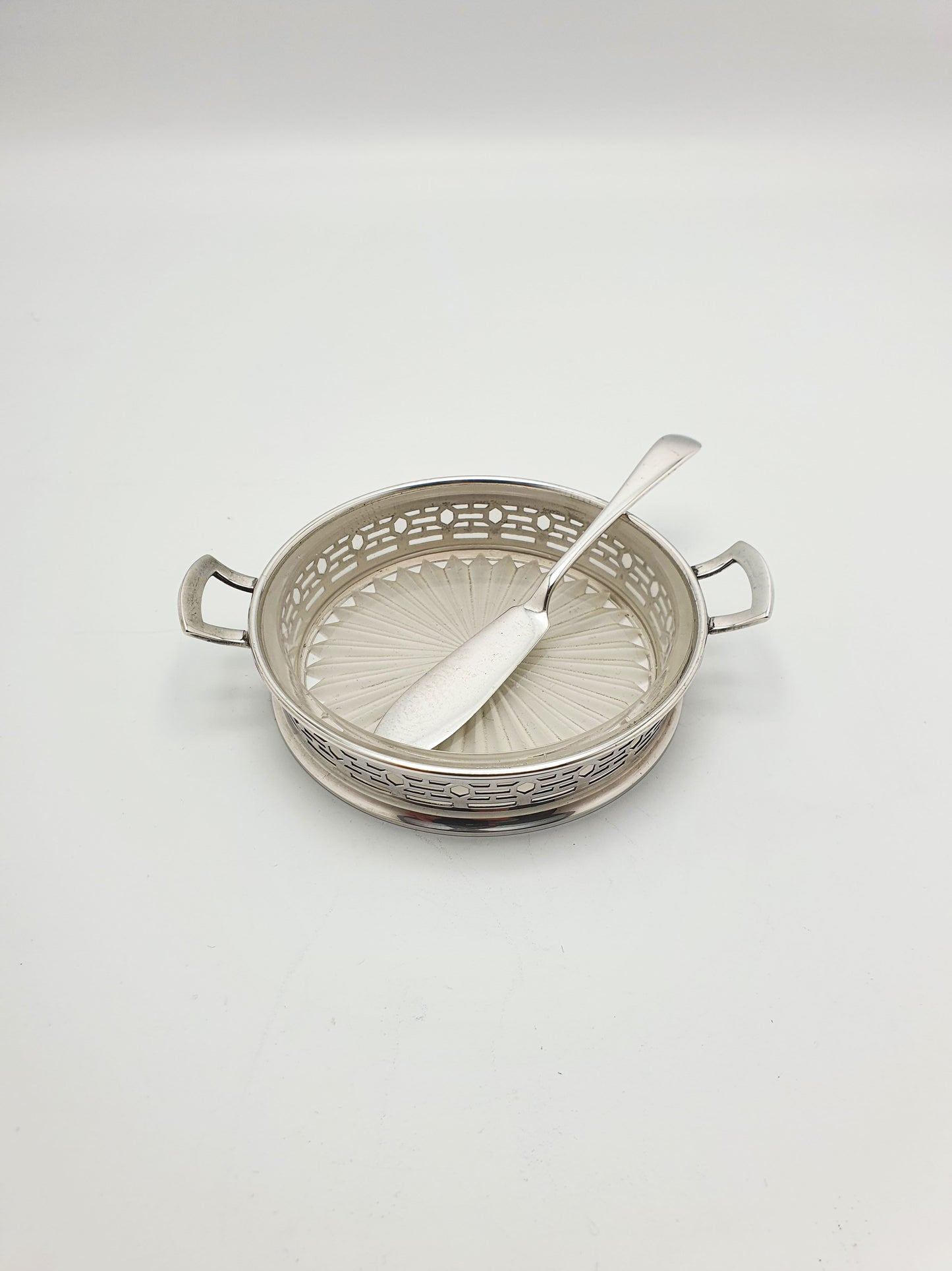 Pretty Silver Butter Dish with Glass Insert and Silver Butter Knife - 1928