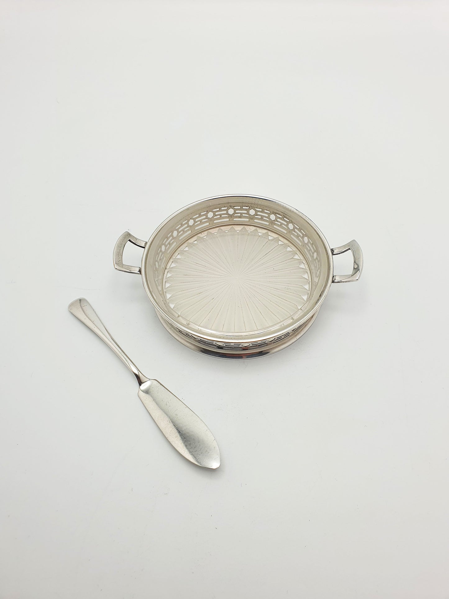 Pretty Silver Butter Dish with Glass Insert and Silver Butter Knife - 1928