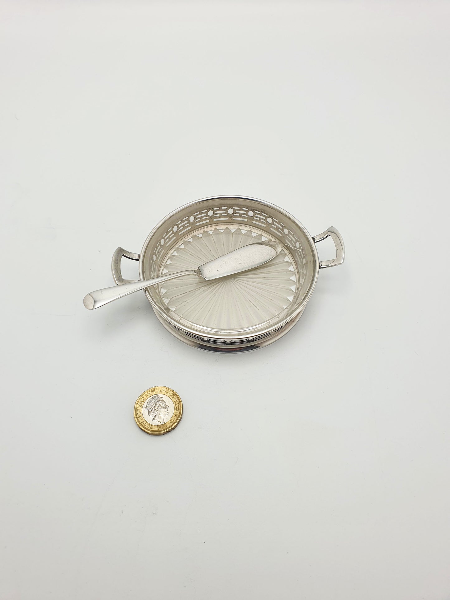 Pretty Silver Butter Dish with Glass Insert and Silver Butter Knife - 1928