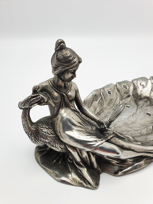 Continental Antique Art Nouveau Pewter Dish – Lady with Peacock – circa 1900