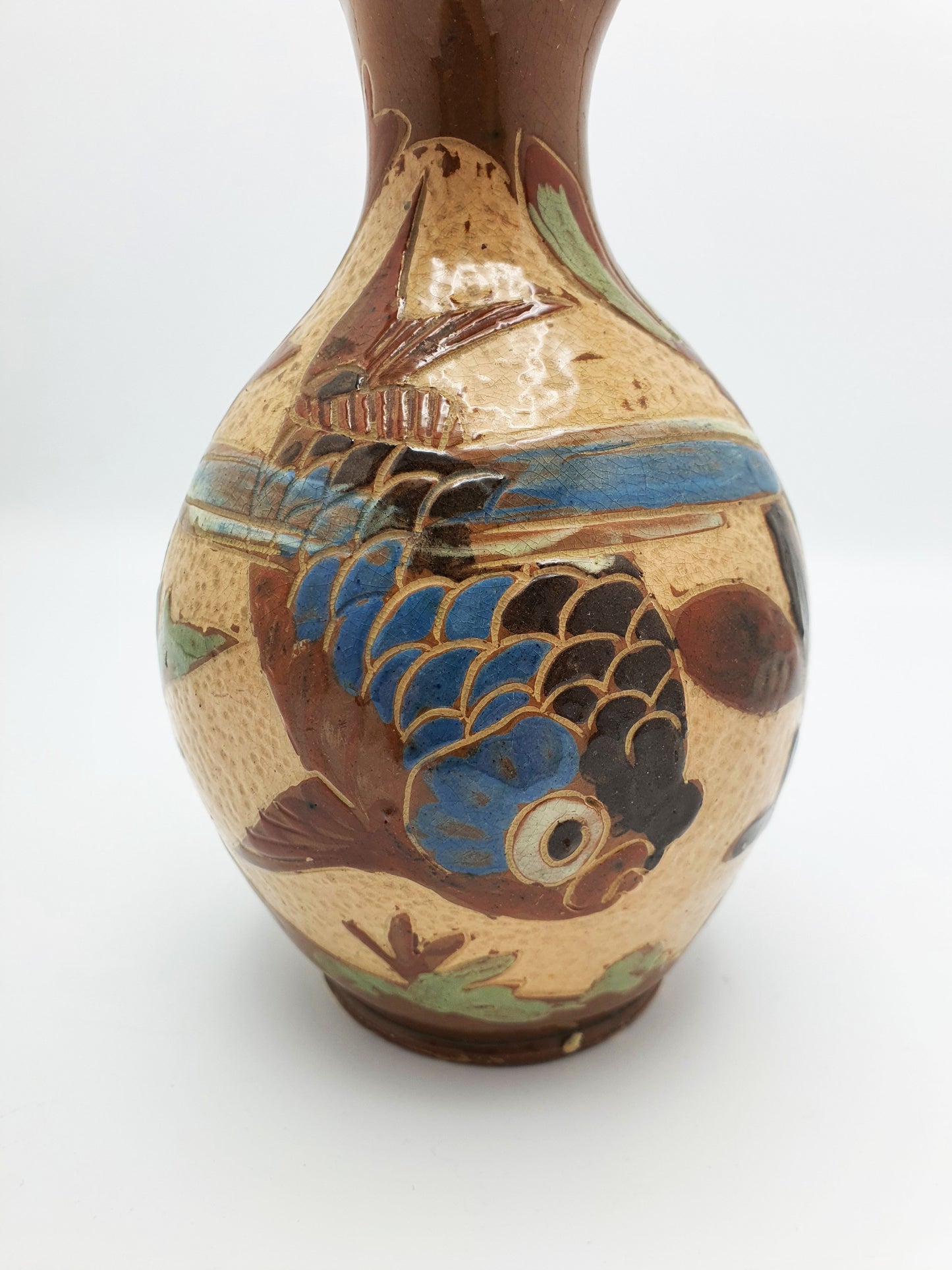 Nice Antique Victorian Baron Ware Pottery Vase with Fish & Water Motif – circa 1890