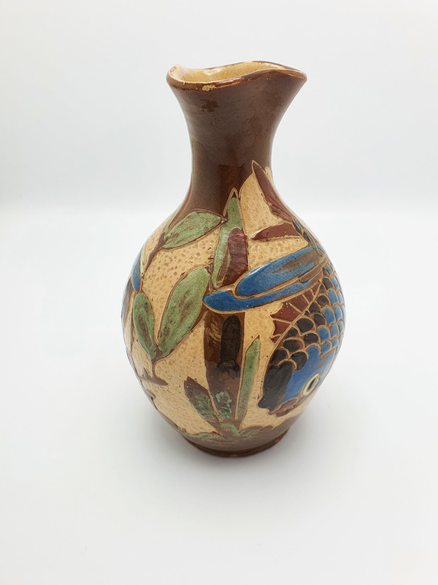 Nice Antique Victorian Baron Ware Pottery Vase with Fish & Water Motif – circa 1890