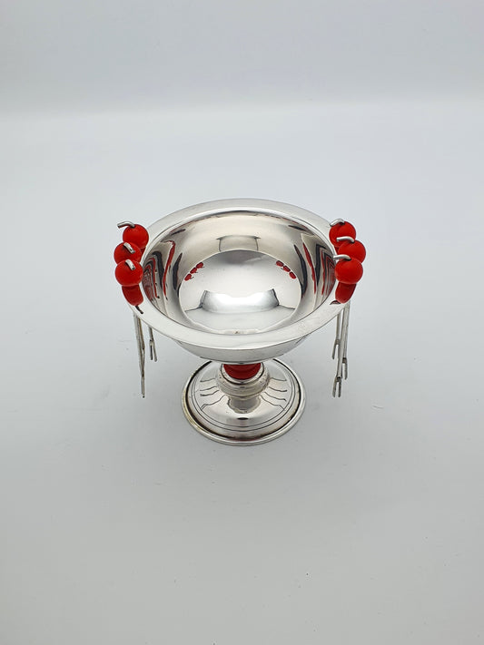 Charming Mid-Century Silver-Plated Cocktail Pick Set with Cherry Red Accents – circa 1950