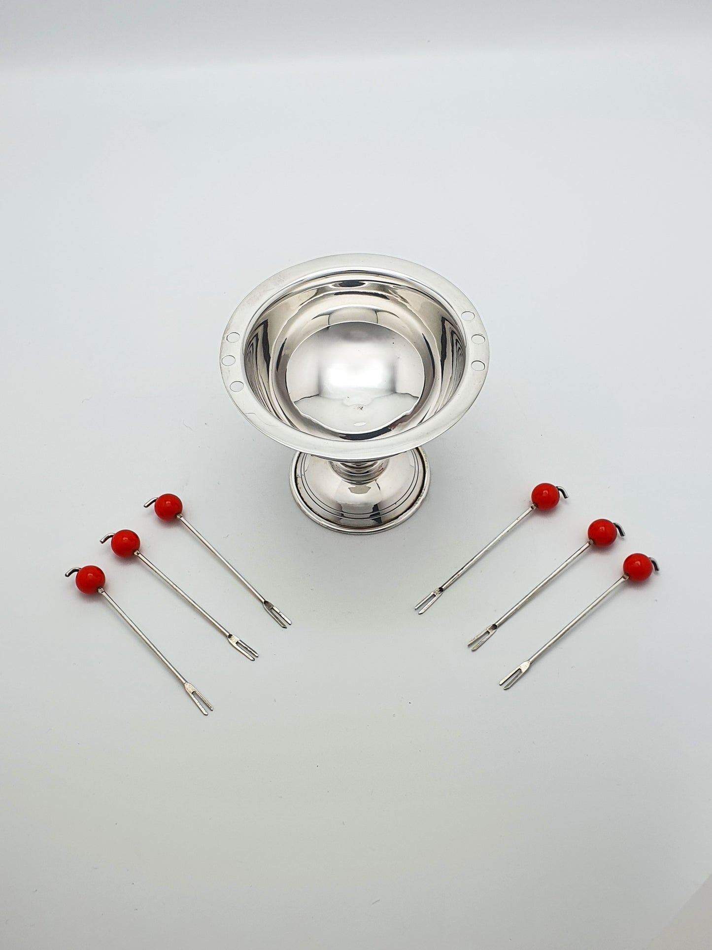 Charming Mid-Century Silver-Plated Cocktail Pick Set with Cherry Red Accents – circa 1950