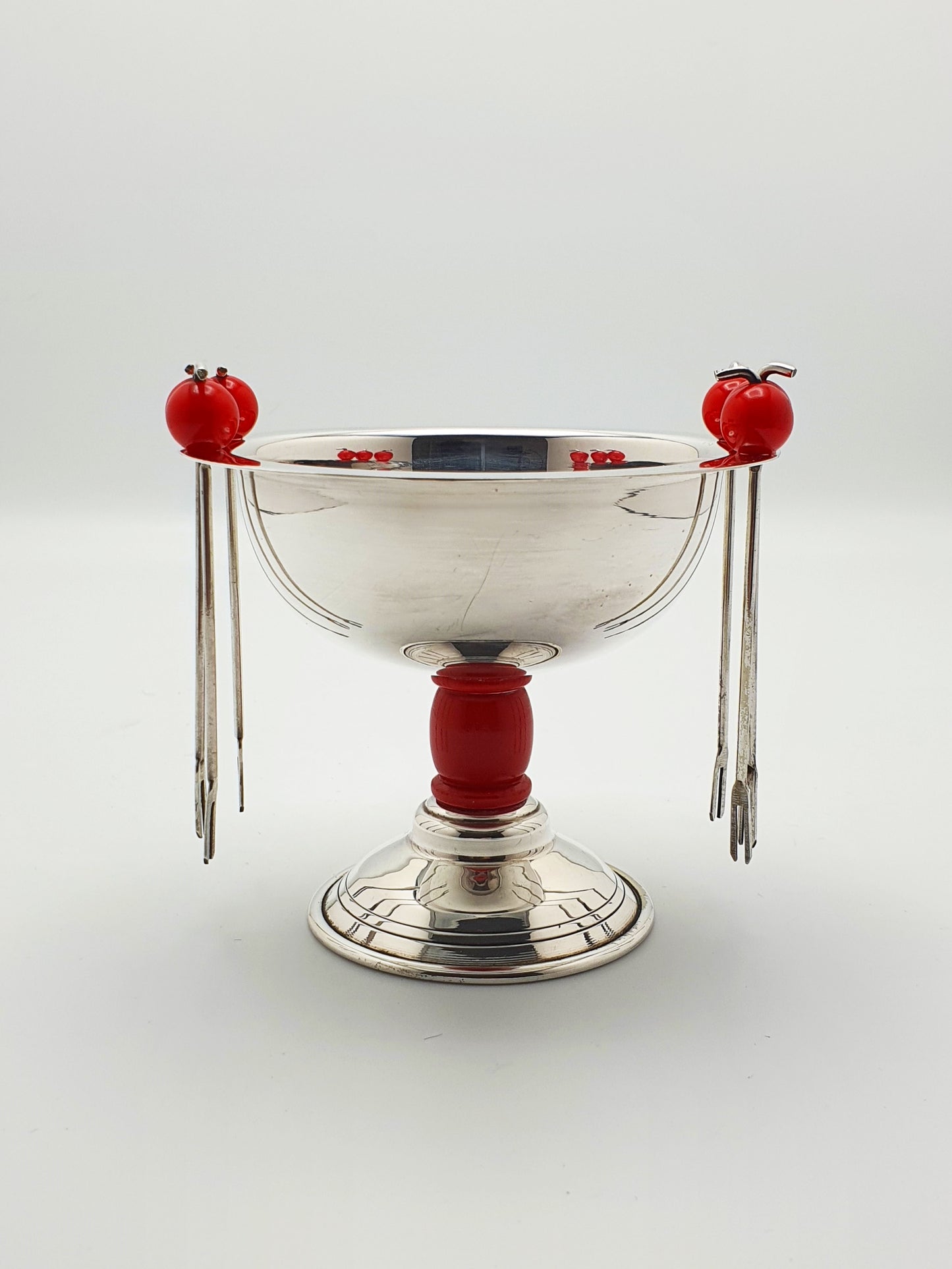Charming Mid-Century Silver-Plated Cocktail Pick Set with Cherry Red Accents – circa 1950
